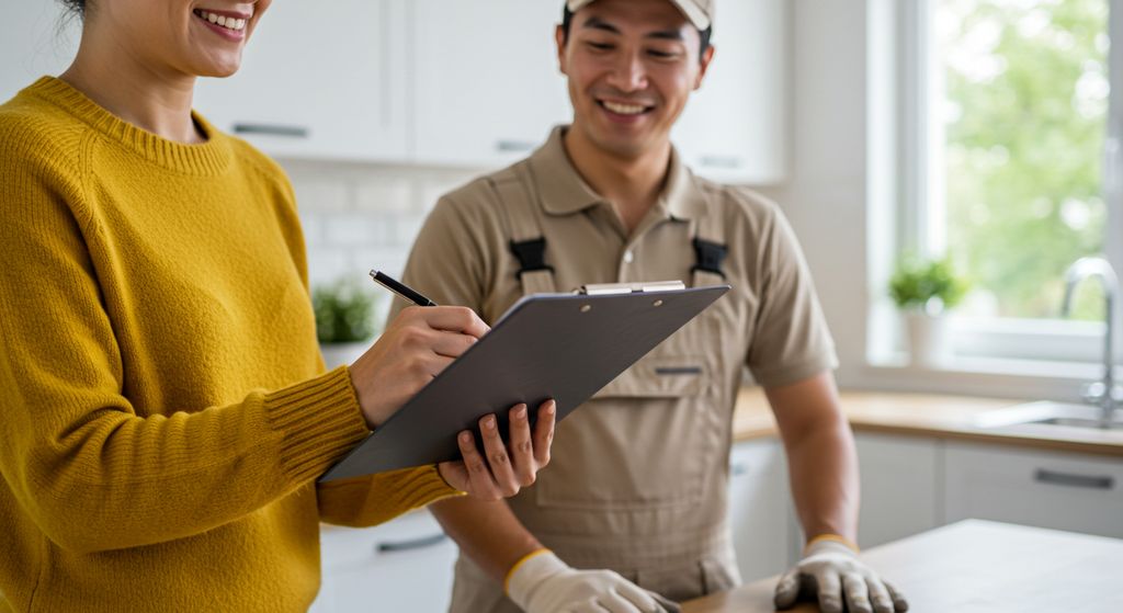 Customer and service provider reviewing and signing a maintenance contract over a kitchen counter.