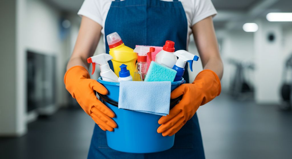 Close-up of a person in rubber gloves holding a bucket filled with various cleaning bottles and sponges.