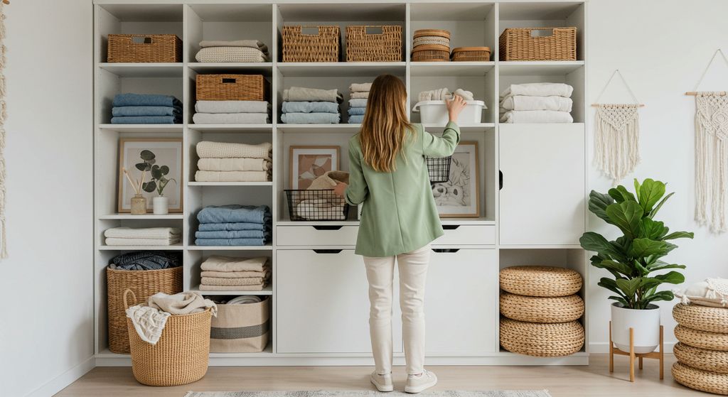Home organization scene with a tidy open cabinet and minimalist decor.