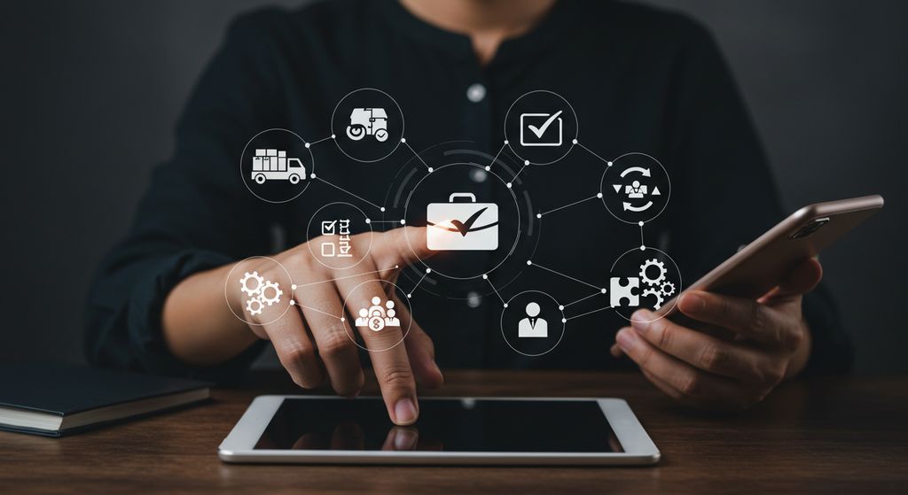 Cubo de madera con iconos de planificación, presupuesto e ideas conectadas como representación de la logística en proyectos del hogar.