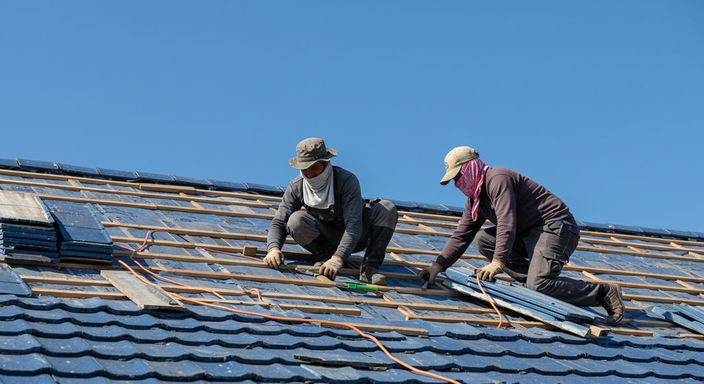Roofers replacing tiles on a house as part of a roof repair service